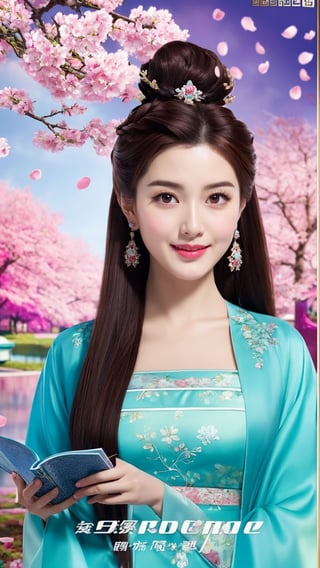 poster wallpaper, 1girl, solo, long hair, looking at viewer, brown hair, hair ornament, long sleeves, dress, holding, brown eyes, jewelry, upper body, earrings, watermark, chinese clothes, black hair, brown eyes, tree, lips, petals, cherry blossoms, realistic, chinese text, hanfu, tienhiep, smile