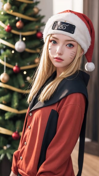 masterpiece,  best quality,  1girl,  solo,  gakuran,  christmas hat, christmas suit, long hair,  Naruto uzumaki,  long blonde hair,  spiked hair , n4rut0, facial mark,  forehead protector,  konohagakure symbol,