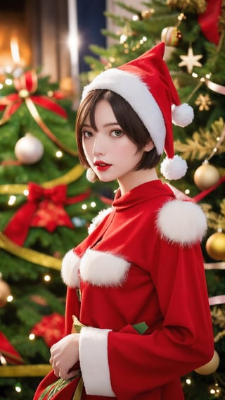 1girl, (masterpiece, top quality, best quality, official art, beautiful and aesthetic:1.2), short hair , extreme detailed, (flowers), (fractal art), colorful, upperbody, christmas hat, christmas tree