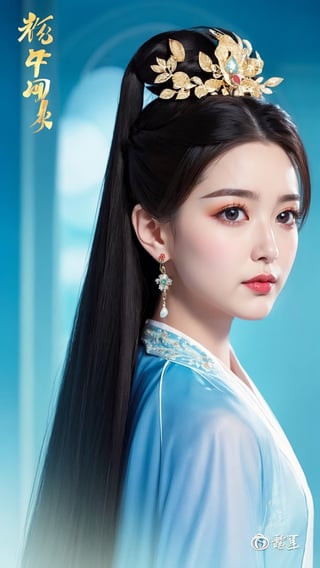 fairy hanfu, 1girl, solo, long hair, looking at viewer, black hair, hair ornament, jewelry, upper body, earrings, black eyes, chinese clothes, realistic, chinese text, hanfu, tienhiep,Hanfu,tienhiep