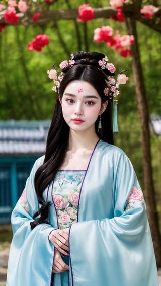 fairy hanfu, 1girl, solo, long hair, black hair, hair ornament, long sleeves, upper body, flower, see-through, blurry background, facial mark, chinese clothes, forehead mark, realistic, hanfu, tienhiep