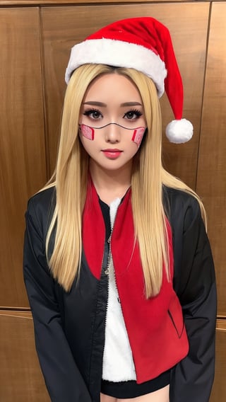 masterpiece,  best quality,  1girl,  solo,  gakuran,  christmas hat, christmas suit, long hair,  Naruto uzumaki,  long blonde hair,  spiked hair , n4rut0, facial mark,  forehead protector,  konohagakure symbol,izumi ran,transgirl