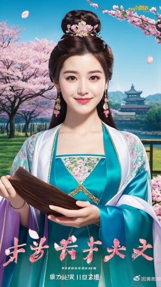 poster wallpaper, 1girl, solo, long hair, looking at viewer, brown hair, hair ornament, long sleeves, dress, holding, brown eyes, jewelry, upper body, earrings, watermark, chinese clothes, black hair, brown eyes, tree, lips, petals, cherry blossoms, realistic, chinese text, hanfu, tienhiep, smile