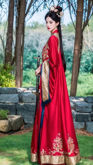 fairy hanfu, 1girl, solo, long hair, black hair, hair ornament, long sleeves, dress, holding, standing, full body, weapon, sword, hair bun, facial mark, chinese clothes, red dress, robe, forehead mark, realistic, red lips, hanfu, tienhiep