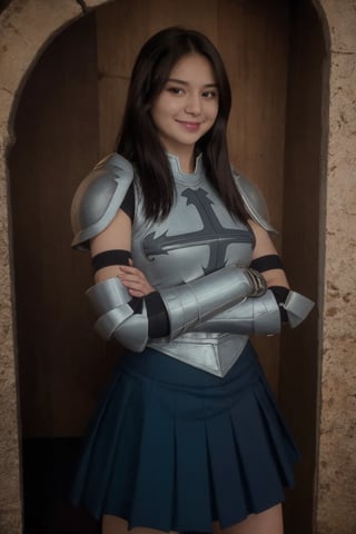 beautiful 24 year old girl, pale skin, benefits of Samsung S3 Ultra photo features, erzascarlet, armor, breastplate, gauntlets, shoulder armor, blue skirt, looking at viewer, smile, crossed arms,GEBIAN