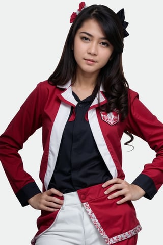 1 girl, solo focus, (detailed face), posing for a photo, hand on hip, simple white background,jessicave,jkt48 uniform2, realistic, 4k , dslr
