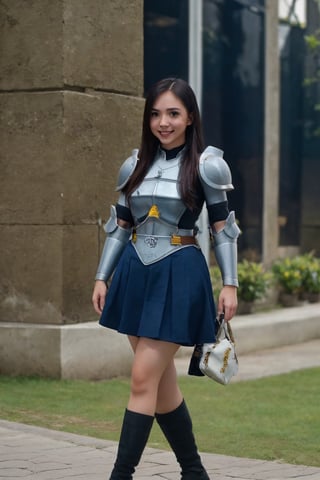 beautiful 24 year old girl, pale skin, benefits of Samsung S3 Ultra photo features, erzascarlet, armor, breastplate, gauntlets, shoulder armor, blue skirt, looking at viewer, smile, crossed arms