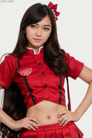 photo of a girl, jkt48 uniform, solo focus, (detailed face), posing for a photo, hand on hip, simple white background,jessicave,jkt48 uniform2