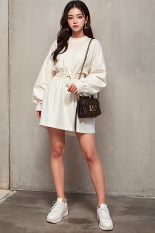 1girl, solo, long hair, black hair, dress, standing, full body, shoes, bag,louis vuitton bag, white footwear, sneakers, photo background,Perfect lips