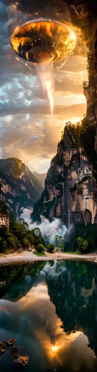 creates an amazing image of how aliens invade the  canyon of the sumidero in chiapas , parachicos look scared and astonished as the alien ships come. the image takes place in the grijalva river of the canyon. there are signs broken by alien beams. there is smoke coming out of the buildings, there are aliens everywhere, a part of them is dedicated to gather and collect human beings for their scalvitude and medical and genetic study, the image is taken with a hasselblad 907x camera and a 40 mm wide angle lens. the composition of the image should be based on the golden circle and perspectives created by diagonal lines. high definition image, use surrealist art to generate the image, use cinematographic lighting.
,Realistic,alienzkin