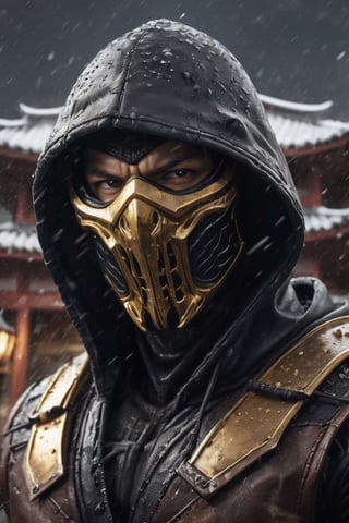 Portrait of a very big muscular warrior with dark golden metallic monsters mask and a black leather  hoody as scorpion in mortalkombat, face  portrait, stormy  weather, brown leather armor, snowing, leading, closeup, night, in front of post Apocalyptic japaness palace, dark outfit, Detailed, with light reflection, Storming ، movie, battle, many particles, hyper-realistic, award-winning, 8k