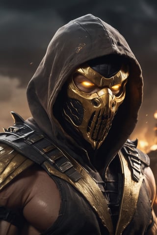 very big muscular warrior with dark golden monsters mask and a brown leather  hoody as scorpion in mortalkombat  portrait, leading, closeup, night, in front of post Apocalyptic waste land, dark outfit, Detailed, with light reflection, Storming ، movie, battle, many particles, hyper-realistic, award-winning, 8k