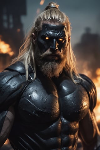very Long blond beard and big handsome very muscular warrior as black lantern, fire eyes like lazer, leading, closeup, night, in front of post Apocalyptic waste land, dark outfit, Detailed, with many light reflection, Storming ، movie, battle, many particles, hyper-realistic, award-winning, 8k