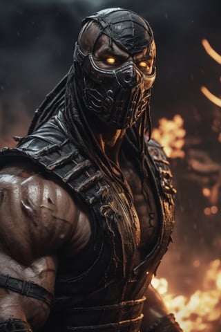 big very muscular warrior with pale white eyes as scorpion in mortalkombat, fire eyes like lazer, leading, closeup, night, in front of post Apocalyptic waste land, dark outfit, Detailed, with light reflection, Storming ، movie, battle, many particles, hyper-realistic, award-winning, 8k