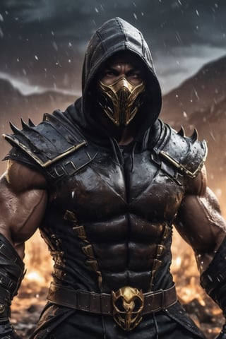 A Portrait of a very big muscular warrior with dark metallic monsters mask and a black leather  hoody as scorpion in mortalkombat  portrait, brown leather armor, snowing, leading, closeup, night, in front of post Apocalyptic waste land, dark outfit, Detailed, with light reflection, Storming ، movie, battle, many particles, hyper-realistic, award-winning, 8k