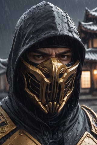 Portrait of a very big muscular warrior with dark golden metallic monsters mask and a black leather  hoody as scorpion in mortalkombat, very verywet rain, face  portrait, stormy  weather, brown leather armor, snowing, leading, closeup, night, in front of post Apocalyptic japaness palace, dark outfit, Detailed, with light reflection, Storming ، movie, battle, many particles, hyper-realistic, award-winning, 8k