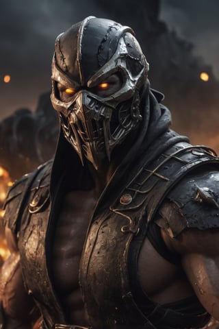 very big muscular warrior with pale white eyes with monsters mask as scorpion in mortalkombat, fire eyes like lazer, leading, closeup, night, in front of post Apocalyptic waste land, dark outfit, Detailed, with light reflection, Storming ، movie, battle, many particles, hyper-realistic, award-winning, 8k