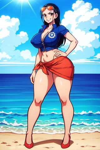 Masterpiece, perfect artwork High resolution, best resolution, perfect anatomy, perfect hands, perfect feet, (full body, standing, front view, Big breast, thick thighs, beach, sun,) (Nico_robin, black hair,nicorob, wano, smiling, happy face), long salmon sarong skirt, black hair till her lower back,hair slicked back, slightly fat woman with sexy figure, partially-zipped short-sleeved navy blue top,large breasts, j-cup, open navel, white sunglasses with orange lenses on overhead