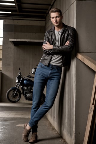 a realistic photograph of a handsome Germany Male spokesmodel, above the waist, fit, confident. 
 Leaning against a wall.  leather jacket, no shirt, bluejeans, sublte stubble, highest quality, mechanic garage background, bright lighting,,<lora:659111690174031528:1.0>,<lora:659111690174031528:1.0>