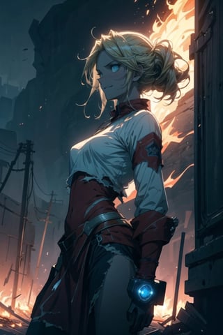  (masterpiece, best quality:1.3), (8k wallpaper), (detailed beautiful face and eyes), (detailed illustration), (super fine illustration), (vibrant colors), (professional lighting), 
(increasing the weight makes things worse), In the eerie glow of flames, a mysterious young girl emerges with a smile, (wearing shirt). Amidst the desert night (8k wallpaper), his hair gleams, revealing perfect anatomy in ripped clothes. A Dutch angle and cowboy shot capture the stormy air outside, With a crackling magic wand, he channels fire power, This enigmatic masterpiece seamlessly blends fantasy and darkness in a captivating scene.,Laykus