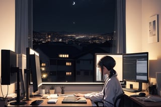 A girl works in front of the computer and it is night outside the window