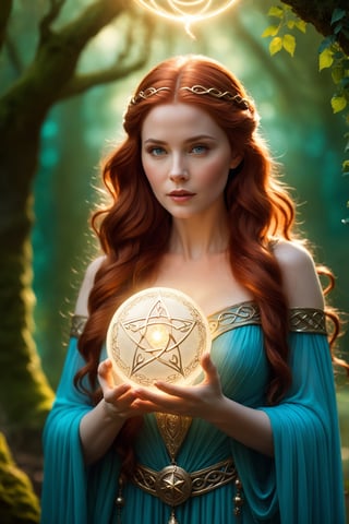 Fairy tale ethereal fantasy concept art of cinematic film still a woman holding a glowing ball in her hands, featured on cgsociety, fantasy art, very long flowing red hair, holding a pentagram shield, looks a bit similar to amy adams, lightning mage spell icon, benevolent android necromancer, high priestess tarot card, anime goddess, portrait of celtic goddess diana, featured on artstattion . shallow depth of field, vignette, highly detailed, high budget Hollywood movie, bokeh, cinemascope, moody, epic, gorgeous, film grain, grainy . magnificent, celestial, ethereal, painterly, epic, majestic, magical, fantasy art, cover art, dreamy . Magical, fantastical, enchanting, storybook style, highly detailed,detailmaster2,korean girl