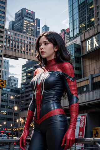 (masterpiece), (cinematic, city lights:1.2), city, overcast, 1girl, black hair, medium hair, wavy hair,Extremely Realistic,spider-man costume