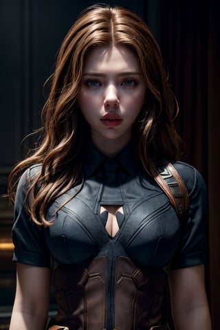 photorealistic, masterpiece, best quality, raw photo, 1girl, medium breasts, long hair, brown hair, collared shirt, looking at viewer, dynamic lighting, in the dark, deep shadow, low key, intricate detail, detailed skin, pore, highres, hdr,scarlett johansson, captain America costume,