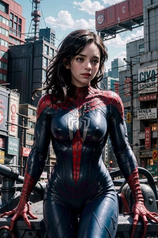 (masterpiece), (cinematic, city lights:1.2), city, overcast, 1girl, black hair, medium hair, wavy hair,Extremely Realistic,spider-man costume,venom