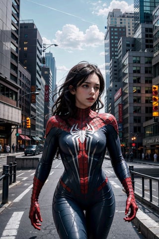 (masterpiece), (cinematic, city lights:1.2), city, overcast, 1girl, black hair, medium hair, wavy hair,Extremely Realistic,spider-man costume,venom