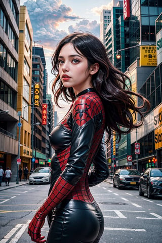 (masterpiece), (cinematic, city lights:1.2), city, overcast, 1girl, black hair, medium hair, wavy hair,Extremely Realistic,spider-man costume,venom,Maximoff