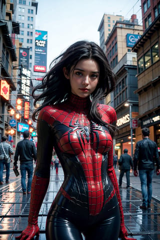 (masterpiece), (cinematic, city lights:1.2), city, overcast, 1girl, black hair, medium hair, wavy hair,Extremely Realistic,spider-man costume