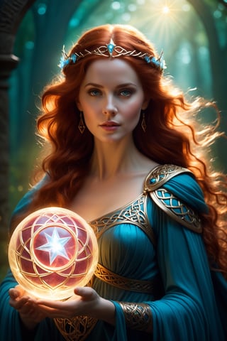 Fairy tale ethereal fantasy concept art of cinematic film still a woman holding a glowing ball in her hands, featured on cgsociety, fantasy art, very long flowing red hair, holding a pentagram shield, looks a bit similar to amy adams, lightning mage spell icon, benevolent android necromancer, high priestess tarot card, anime goddess, portrait of celtic goddess diana, featured on artstattion . shallow depth of field, vignette, highly detailed, high budget Hollywood movie, bokeh, cinemascope, moody, epic, gorgeous, film grain, grainy . magnificent, celestial, ethereal, painterly, epic, majestic, magical, fantasy art, cover art, dreamy . Magical, fantastical, enchanting, storybook style, highly detailed,detailmaster2,
