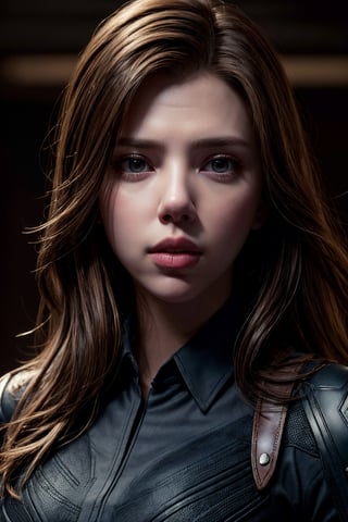 photorealistic, masterpiece, best quality, raw photo, 1girl, medium breasts, long hair, brown hair, collared shirt, looking at viewer, dynamic lighting, in the dark, deep shadow, low key, intricate detail, detailed skin, pore, highres, hdr,scarlett johansson, captain America costume,