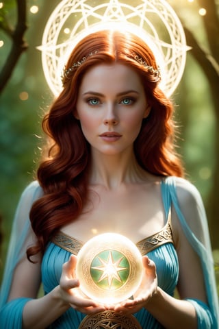Fairy tale ethereal fantasy concept art of cinematic film still a woman holding a glowing ball in her hands, featured on cgsociety, fantasy art, very long flowing red hair, holding a pentagram shield, looks a bit similar to amy adams, lightning mage spell icon, benevolent android necromancer, high priestess tarot card, anime goddess, portrait of celtic goddess diana, featured on artstattion . shallow depth of field, vignette, highly detailed, high budget Hollywood movie, bokeh, cinemascope, moody, epic, gorgeous, film grain, grainy . magnificent, celestial, ethereal, painterly, epic, majestic, magical, fantasy art, cover art, dreamy . Magical, fantastical, enchanting, storybook style, highly detailed,detailmaster2,p3rfect boobs,korean girl