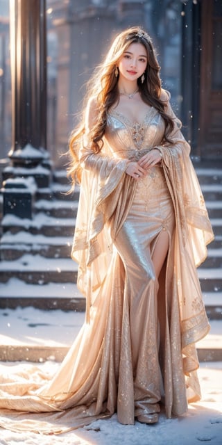 best quality, masterpiece,	smiling
Amidst the winter wonderland of Japen, a beautiful girl with very long wavy blonde hair stands out against the snow-covered landscape, embodying the elegance of Rococo style. Her attire, a harmonious blend of the latest fashion trends and traditional Russian elements, dazzles with ornate jewelry that sparkles like the icy terrain around her. This enchanting scene, set against the backdrop of a quintessential Japen setting, showcases her as a modern-day princess, bridging the gap between the opulence of the past and the chic style of the present.
ultra realistic illustration, siena natural ratio, ultra hd, realistic, vivid colors, highly detailed, UHD drawing, perfect composition, ultra hd, 8k, he has an inner glow, stunning, something that even doesn't exist, mythical being, energy, molecular, textures, iridescent and luminescent scales, breathtaking beauty, pure perfection, divine presence, unforgettable, impressive, breathtaking beauty, Volumetric light, auras, rays, vivid colors reflects,full_body