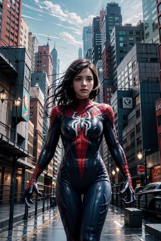 (masterpiece), (cinematic, city lights:1.2), city, overcast, 1girl, black hair, medium hair, wavy hair,Extremely Realistic,spider-man costume,venom