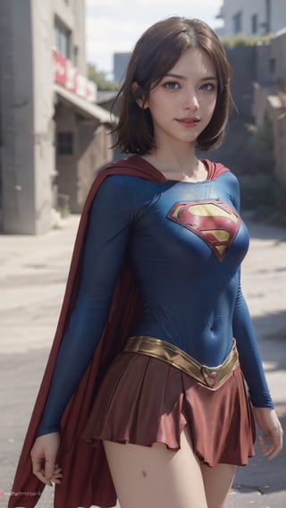 One super female,in superman outfit, full body,red mini skirt,pale_brown_eyes, glowing eyes, ((Brown hair, short hair)), supergirl suit,red miniskirt,Smiling sensually masterpiece, best quality, ultra detailed, (detailed background), perfect shading, high contrast, best illumination, extremely detailed, ray tracing, realistic lighting effects, neon noir illustration, perfect generated hands, ((upper-body_portrait)),  eyeliner, eye shadow:1.3, pale skin:1.4, cape, red cape & long. Background metropolis city, lightning in the distance,wearing supergirl_cosplay_outfit,a woman m111y, long pants, blue body suit, ,aanobara