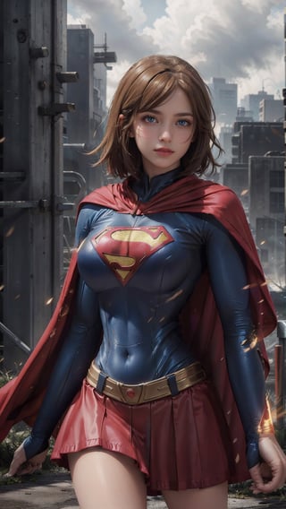 One super female,in superman outfit, full body,red mini skirt,pale_brown_eyes, glowing eyes, ((Brown hair, short hair)), supergirl suit,red miniskirt,Smiling sensually masterpiece, best quality, ultra detailed, (detailed background), perfect shading, high contrast, best illumination, extremely detailed, ray tracing, realistic lighting effects, neon noir illustration, perfect generated hands, ((upper-body_portrait)),  eyeliner, eye shadow:1.3, pale skin:1.4, cape, red cape & long. Background metropolis city, lightning in the distance,wearing supergirl_cosplay_outfit,a woman m111y, long pants, blue body suit, ,aanobara,asian,Nobara