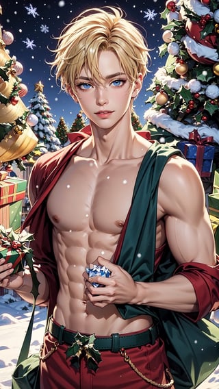 ((masterpiece)), ((best quality)), ((ultra-detailed)), realistic lighting, anime style, (cowboy shot:1.5), (holding Christmas sack, looking at viewer:2.0), (1boy, male focus, bishounen, solo:1.5), (pale skin:1.5), (abs, pectorals, collarbones, perfect hands:1.5), (Santa costume:1.5), (blonde hair, short hair, hair intakes:1.5), (blue eyes, tsurime:1.5), (black eyeliner, long eyelashes), (parted lips, seductive smile), (snow background, village, clear sky, trees, day:1.3), 1boy