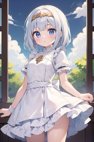 (masterpiece), fantasy, 1girl, guardian, medium hair, headband, white dress, short skirt, white apron, frill, white breastplate