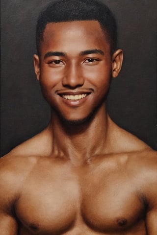 Oil portrait in the style of Leonardo Davinci, impressionism. Full body of Young sexy dark African man, 25 yo, super muscular, sexy handsome man, smile, short hair haircut, brown eyes. Super detailed, high quality,SYAHNK,Male focus