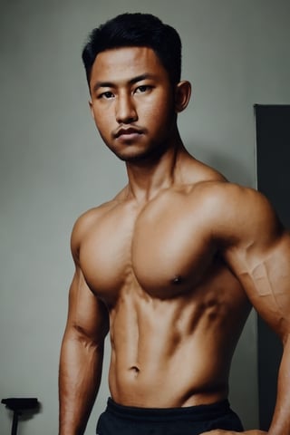 realistic Photography of a handsome   model man posing , masterpiece, best quality, 4k, studio light, soft, half body , ton,big muscles,Alvis,photorealistic,Davids,SYAHNK,syahnk