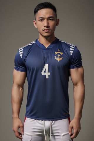 realistic,character, syahnk , handsome  male , wearing jersey as muscular football, sports outfit ,Male focus,photorealistic,Sexy Muscular,SYAHNK, ,Muscle,Asian man,