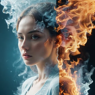 Split image of a Women, 
left half is burning with fire and the right half is ice, 

more detail XL, 
fire element, 

ice, b3rli, 