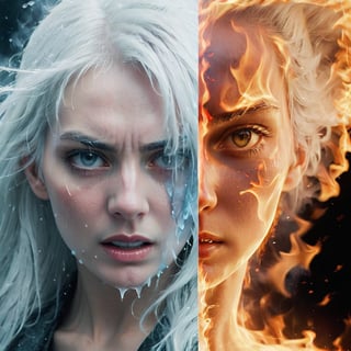 Split image of a Women, 
left half is burning with raging fire and the right half is Frozen, 
The left half of the face is extremely angry, and the right half of the face is crying and shedding tears.
white hair,

more detail XL, 
fire element, 

ice, b3rli, ,composed of fire elements