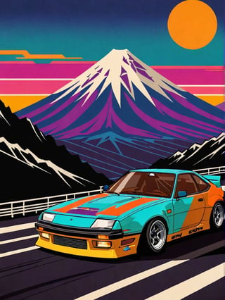 Japanese style, 80s retro vibe, aesthetic, motor sports design, geometric mountain background, retro-style sun.