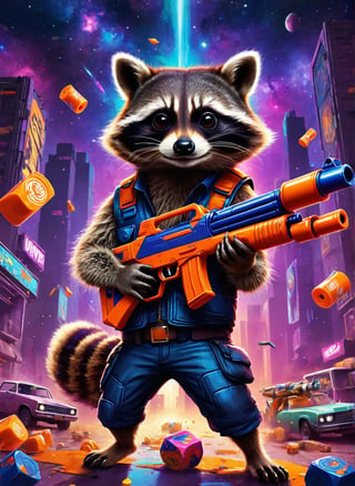 raccoon with nerf shotgun Funk by cosmic Album cover by Roberto Rodriguez