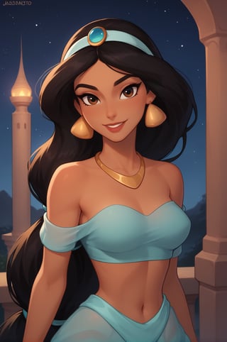 score_9, score_8_up, score_7_up, jasmine, dark_skin_female, eyelashes, ,JasmineWaifu,very long hair, arabian clothes, looking_at_viewer, soft_smile, black hair, night, starry sky, blue top, 