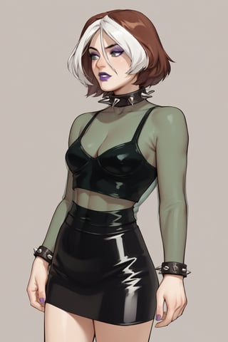 score_9, score_8_up, score_7_up, score_6_up, score_5_up, score_4_up, BREAK, source_anime,, Rogue, Marvel, multicolored hair, brown hair, white hair, purple lipstick, purple eyeshadow, green eyes
see-through shirt, skirt, spiked collar, spiked bracelets, 